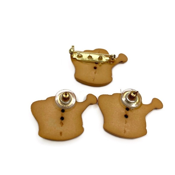 Watering Can Button Earring and Pin Set Gardening - Picture 3 of 4